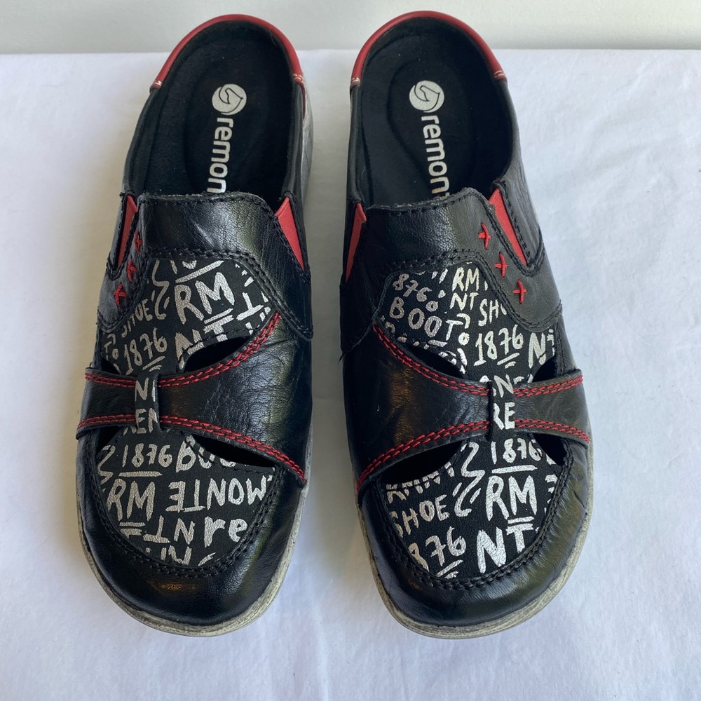 Remonte Black Red Graphic Artsy Slip On Leather Clog Mule Size 38-7 Art To Wear